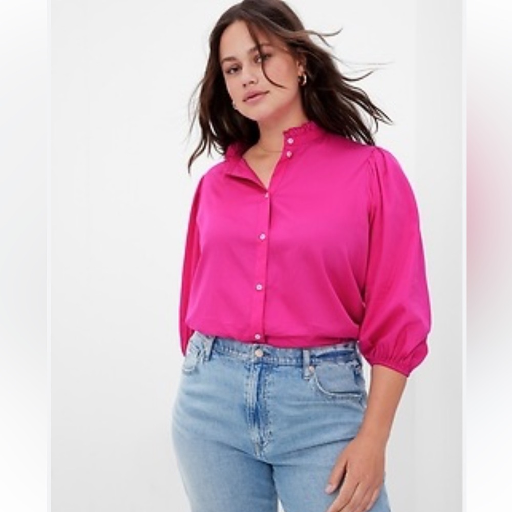 Gap, puff sleeve mock neck button up shirt in neon pink sz M